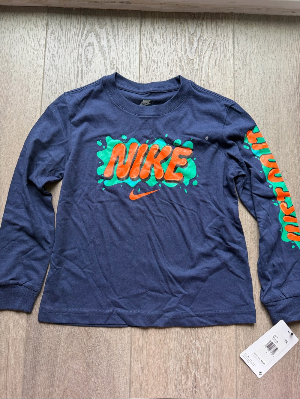 Nike Navy Long-Sleeve Graphic Tee with Orange & Teal Slime Logo Boys 5
